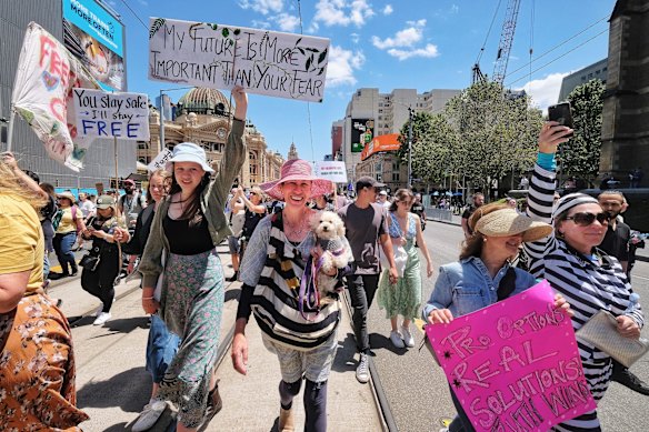 People protesting against the Pandemic Bill in Melbourne on Saturday 27 November 2021. 