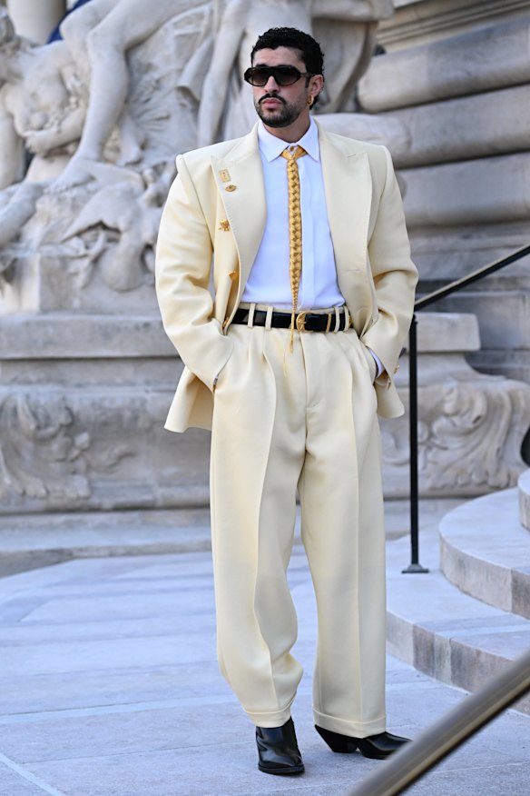 A butter groom? Bad Bunny arriving at the Schiaparelli show.