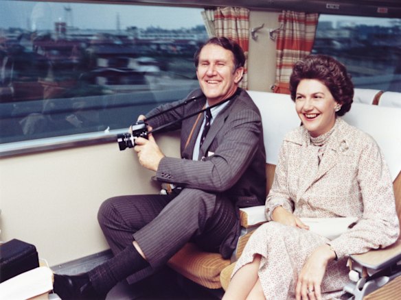 Prime Minister Malcolm Fraser and Mrs Tamie Fraser on the Super Express Train, Japan, June 1976, during his visit to Japan to sign the Nara treaty.