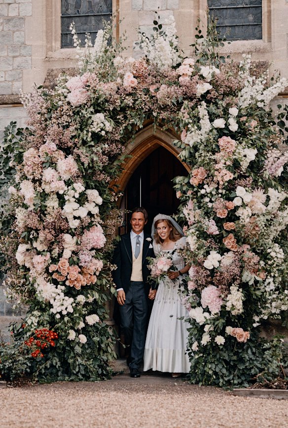 Princess Beatrice wearing her grandmother Queen Elizabeth’s dress with her husband, Edoardo Mapelli Mozzi, on their wedding day in 2020. 