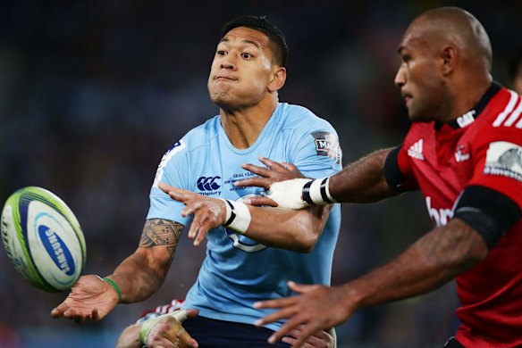 Marquee man: NSW fullback Israel Folau passes during the Super Rugby final win over the Crusaders at ANZ Stadium.