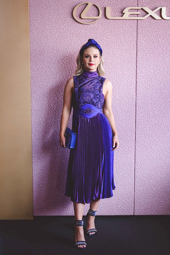 Emma Freeman in a Three Floor frock in the Lexus Design Pavilion at Flemington's birdcage at Melbourne Cup Carnival.
