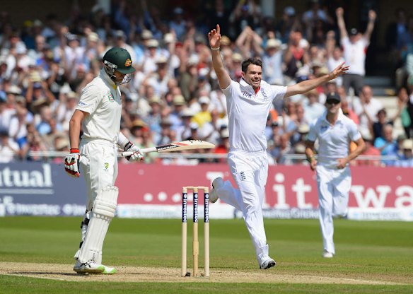 NOTTINGHAM, ENGLAND - JULY 11:  James Anderson of England celebrates the wicket of Peter Siddle of Australia during day two of the 1st Investec Ashes Test match between England and Australia at Trent Bridge Cricket Ground.