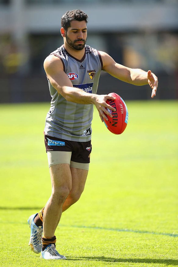 Paul Puopolo of the Hawks kicks during a Hawthorn Hawks AFL training session at Waverley Park.