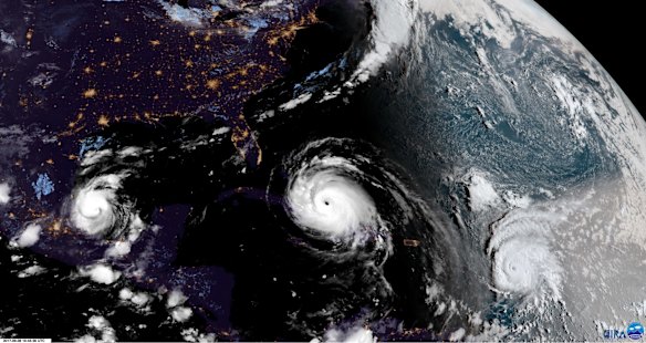 This satellite image taken on Friday, at 10.45 UTC, shows Hurricane Irma, centre, approaching Cuba and Florida, with Hurricane Katia, left, in the Gulf of Mexico, and Hurricane Jose, right, in the Atlantic Ocean. 