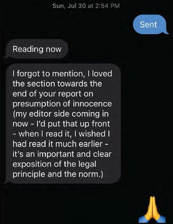 Text messages between Walter Sofronoff, KC, and Janet Albrechtsen, in which the latter says she loved a section of his draft report in the inquiry into the Bruce Lehrmann prosecution.