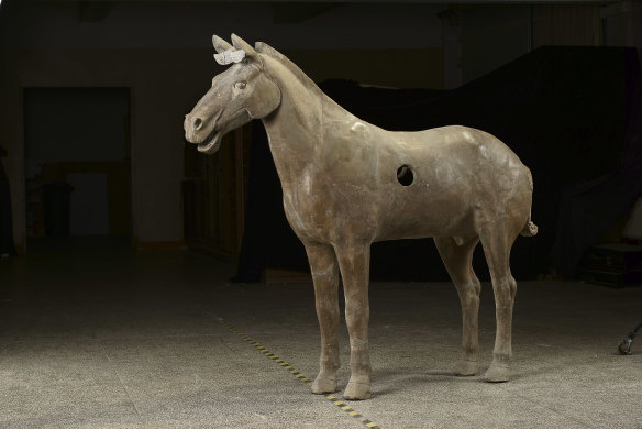 One of the horses from the Terracotta Army, Qin Dynasty 221–207 BC. The hole was to let air out and prevent it cracking while being fired in a kiln.