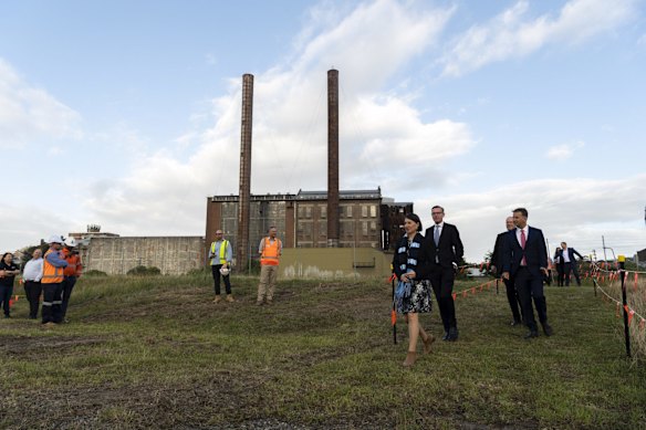 NSW Premier Gladys Berejiklian, NSW Treasurer Dominic Perrottet NSW and Minister for Transport and Roads Andrew Constance address the media about work starting on the Sydney Metro West mega project, White Bay, Sydney. November 18, 2020.