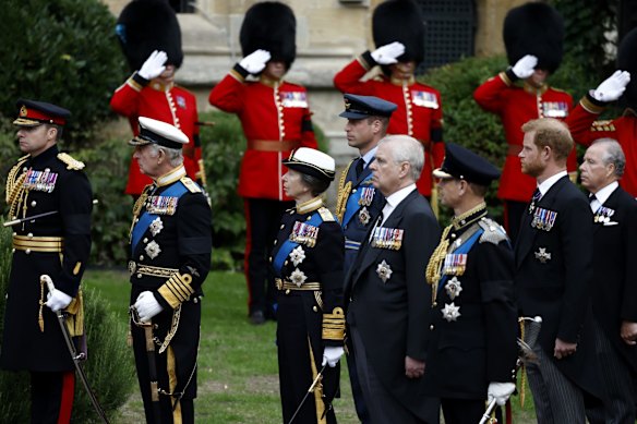 King Charles III, Anne, Princess Royal, Prince William, Prince of Wales, Prince Andrew, Duke of York, Prince Edward, Duke of Kent, Prince Harry, Duke of Sussex arrive at St. George's Chapel in Windsor, England. 