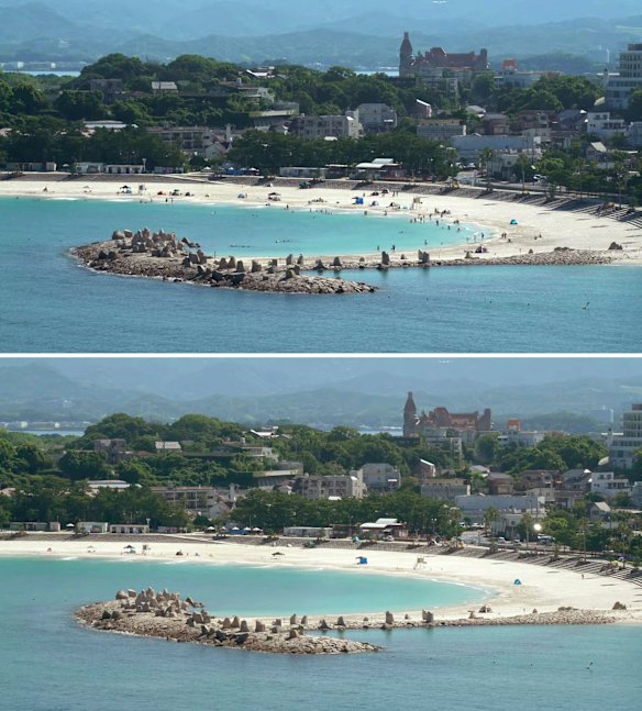 Essa combinação de imagens tiradas de um vídeo de posição fixa mostra, acima, uma praia em Shirahama na prefeitura de Wakayama do Japão imediatamente após o terremoto e, abaixo, depois que as pessoas evacuaram após um aviso de tsunami. 