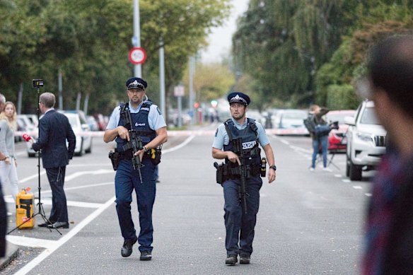 New Zealand police secure the area near the Masjid Al Noor Mosque.