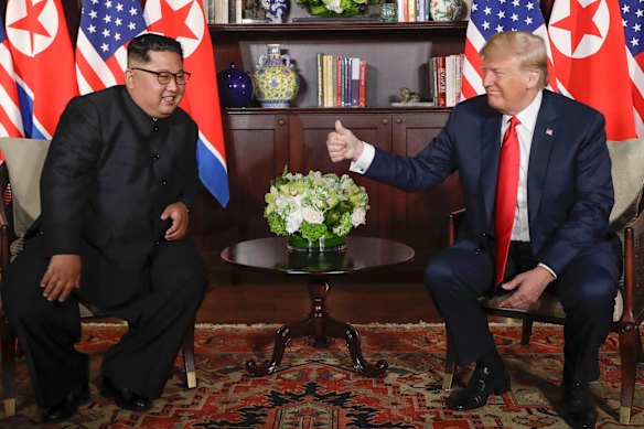 U. S. Donald Trump gives North Korea leader Kim Jong Un a thumbs up at their meeting at the Capella resort on Sentosa Island.