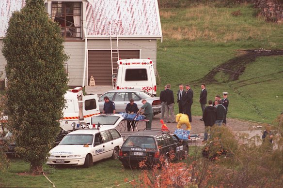 Police and emergency workers at the scene of the Port Arthur massacre, where lone gunman Martin Bryant shot and killed 35 people. May 1996.
