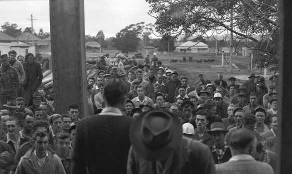 Miners discuss their course of action at the Bellbird Colliery, July, 1957.