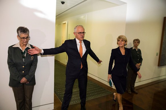 Former Prime Minister Malcolm Turnbull and Deputy Liberal Leader Julie Bishop leave after a party room and leadership spill resulting in Treasurer Scott Morrison being elected leader of the liberal party and Josh Frydenberg being elected deputy leader at Parliament House in Canberra.