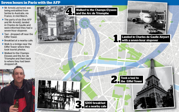 Seven hours in Paris with the AFP. Australian Federal Police officers took an alleged international drug trafficker, Rohan Arnold, on a sightseeing tour of Paris during a mid-extradition stopover on the trip home from Serbia.