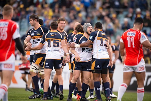 Brumbies players had plenty to smile about during their 41-31 win over the Sunwolves. 