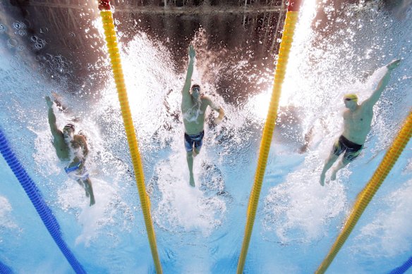 Gabriele Detti of Italy, Conor Dwyer of the United States and Mack Horton of Australia compete in the final of the men's 400m freestyle.