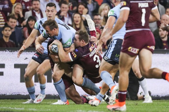 Josh Morris of the Blues scores a try.