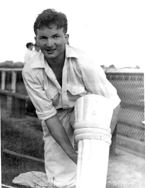 28 September 1950. Promising Cumberland Cricket Club all rounder. Richie Benaud, pads up for practice. 
