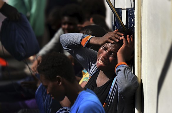 Onboard the MY Phoenix ship a refugee becomes emotional after being rescued by the Migrant Offshore Aid Station and receiving after rescue care from Medecines Sans Frontieres. The boat she was on was carrying approximately 100 people on an inflatable dinghy as it attempted to cross from Libya to Europe. Off the Libyan coast.