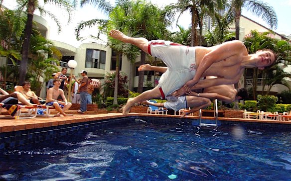Owen Wicks, foreground and friends at their hotel on the Gold Coast, 2004. 