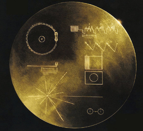 The cover of the gold-plated copper disc Voyager is carrying into space.