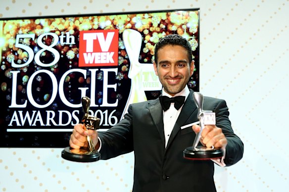 <i>The Project</i>'s Waleed Aly with the Gold Logie for Best Personality on Australian TV and Silver Logie for Best Presenter.