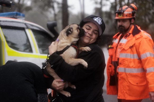 Lansvale resident Nancy Streeta is reunited with her dog Hondo after being evacuated by the NSW SES Kogarah Unit. Nancy and her children Jack and Jamarcus, along with their pets left their home as floodwaters rose on the Georges River.