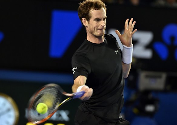 Andy Murray of Britain hits a return against Novak Djokovic of Serbia in their men's singles final match on day 14 of the 2015 Australian Open tennis tournament in Melbourne on February 1, 2015.   