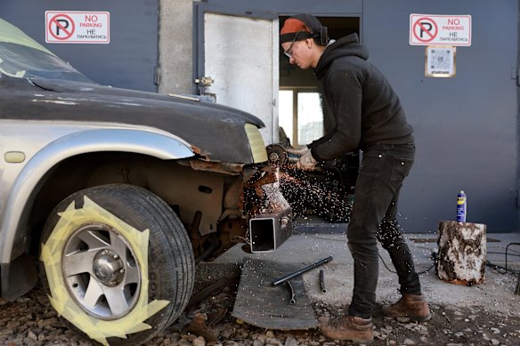Artem Pastushyna helps retrofit a truck with metal plates in Lviv, Ukraine. The truck will have body armour and a machine gun and will be sent to the front lines in the battle against Russian forces.
