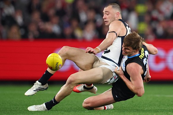 Battle hardened: St Kilda veteran Mason Wood and Blue Will Hayward collide on Sunday night.