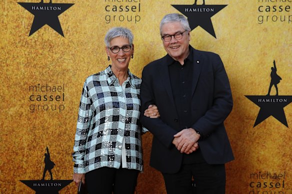 Linda Dessau and Anthony Howard attend the Melbourne premiere Hamilton at Her Majesty's Theatre on March 24, 2022 in Melbourne, Australia.
