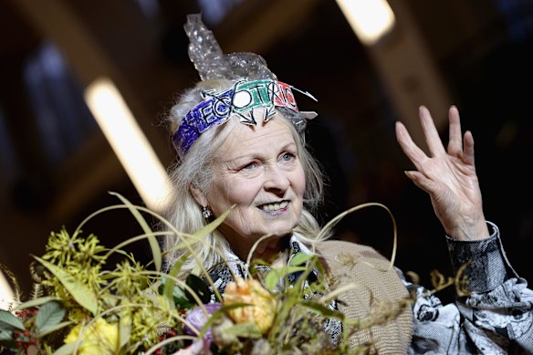 Vivienne Westwood is seen on the runway for the finale of the Vivienne Westwood show during London Fashion Week Men's January 2017 collections at Seymour Leisure Centre on January 9, 2017 in London, England.  