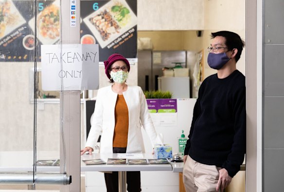Anthony Dinh with his mother, Kim Thanh, in their restaurant, Banh Cuon in Bankstown. Anthony says he is happy to see the police effort because too many people were not wearing a mask or congregating because they were bored. “I’m a business and I don’t have the right to tell people what to do,” says Dinh. “Any day I see a soldier or police, I always put my hand up and say ‘thank you’ because we need them.”