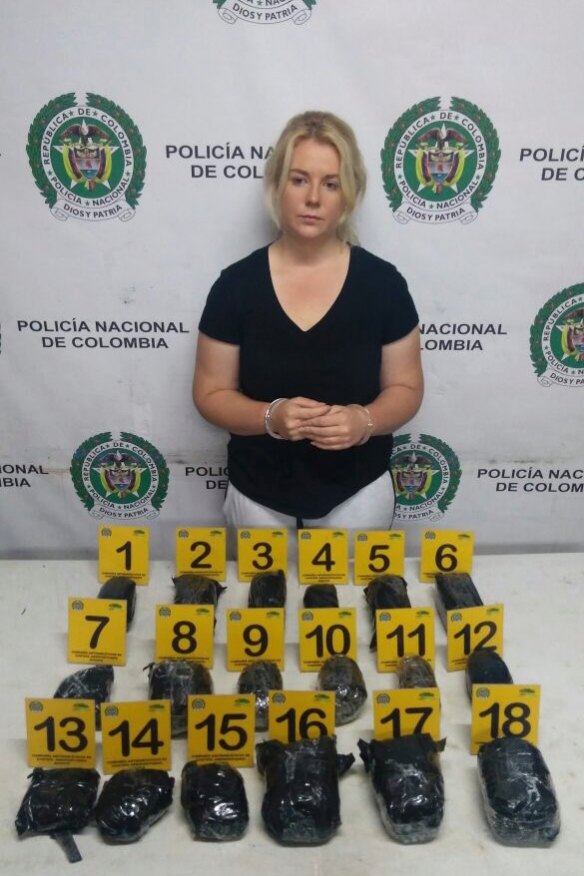 Colombia police released this photo of Cassandra Sainsbury with the alleged drugs.