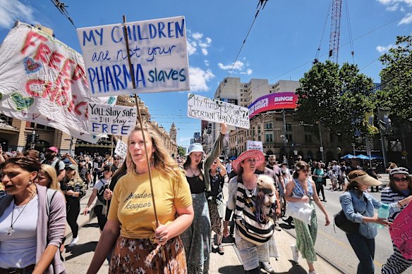 People protesting against the Pandemic Bill in Melbourne on Saturday 27 November 2021. 