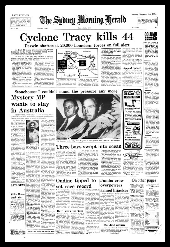 Front page of The Sydney Morning Herald from December 26 1974.