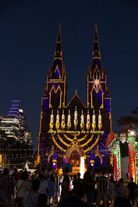 The Christmas lights at St Mary’s Cathedral in Sydney’s CBD ended with a Hanukkah menorah projected onto the building.