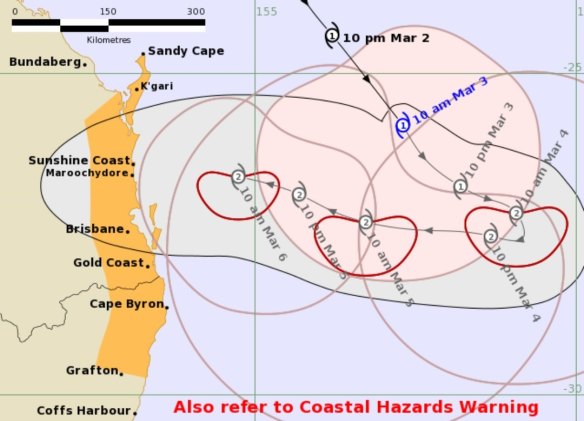 The latest tracking map for Cyclone Alfred, released just before lunchtime on Monday, March 3.