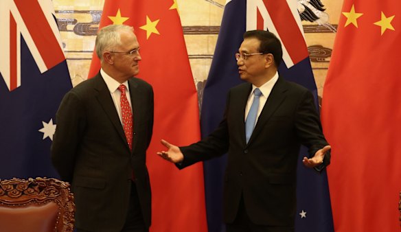 Prime Minister Malcolm Turnbull with Chinese Premier Li Keqiang during a signing ceremony at the Great Hall of the People in Beijing China on Thursday 14 April 2016. Photo: Andrew Meares