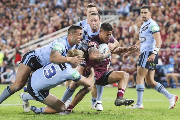 Dane Gagai of the Maroons with the ball.