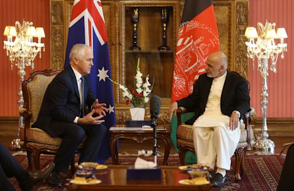 Prime Minister Malcolm Turnbull met with Afghan President Dr Mohammed Ashraf Ghani at Dilkusha in the grounds of the Presidential Palace in Kabul, Afghanistan on Monday.