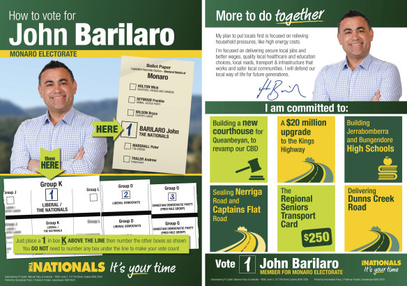 John Barilaro is among the National Party MPs whose How-to-Vote cards direct voters to put a "2" next to the Liberal Democrats.