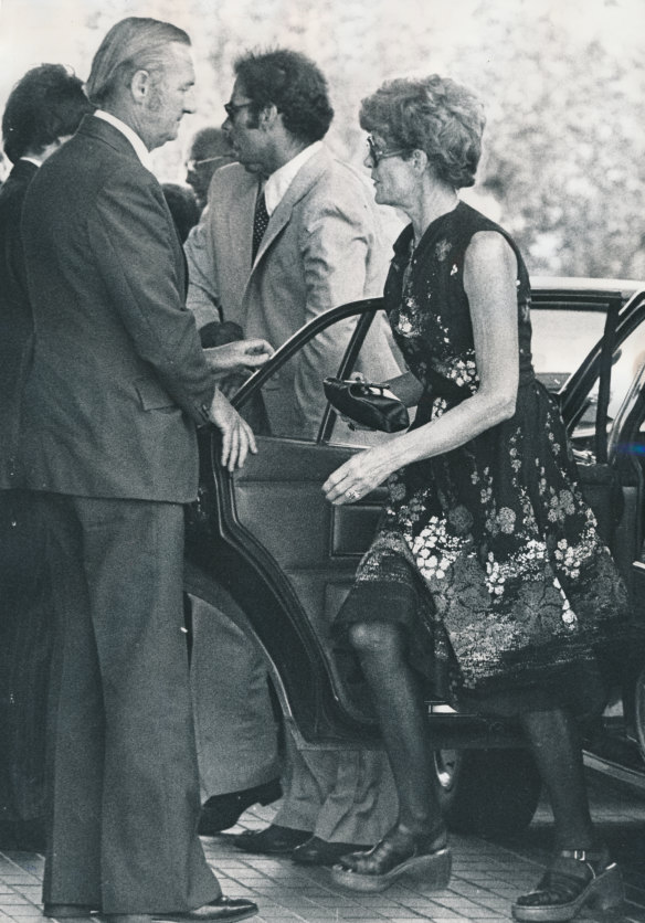 Susan Bartlett's mother arrives at the funeral of her murdered daughter at Springvale Crematorium.