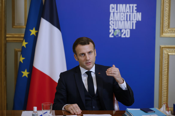 French President Emmanuel Macron speaks during the Climate Ambition Summit 2020 video conference on Saturday.