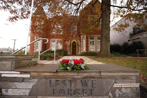 A wreath is seen outside the Kew R.S.L. Club on April 25, 2020 in Melbourne, Australia. 