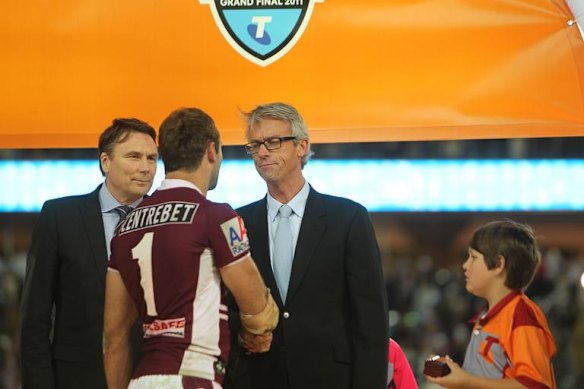 NRL. Grand Final 2011. Manly Sea Eagles vs New Zealand Warriors. ANZ Stadium. pic shows Brett Stewart having a long chat with David Gallop Sunday 2nd October, 2011.