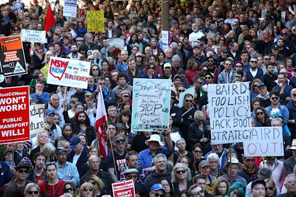 Protesters gather in Sydney's CBD to oppose the draconian laws and polices of NSW State Premier Mike Baird and his Liberal Government.