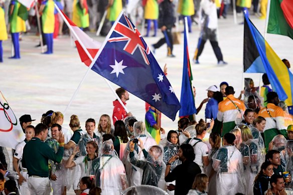 Members of Team Australia walk during the 'Heroes of the Games' segment during the Closing Ceremony on Day 16 of the Rio 2016 Olympic Games.